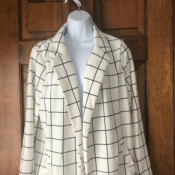 NWT Melloday White & Navy Blue Windowpane Open Coat Large - Picture 2 of 8
